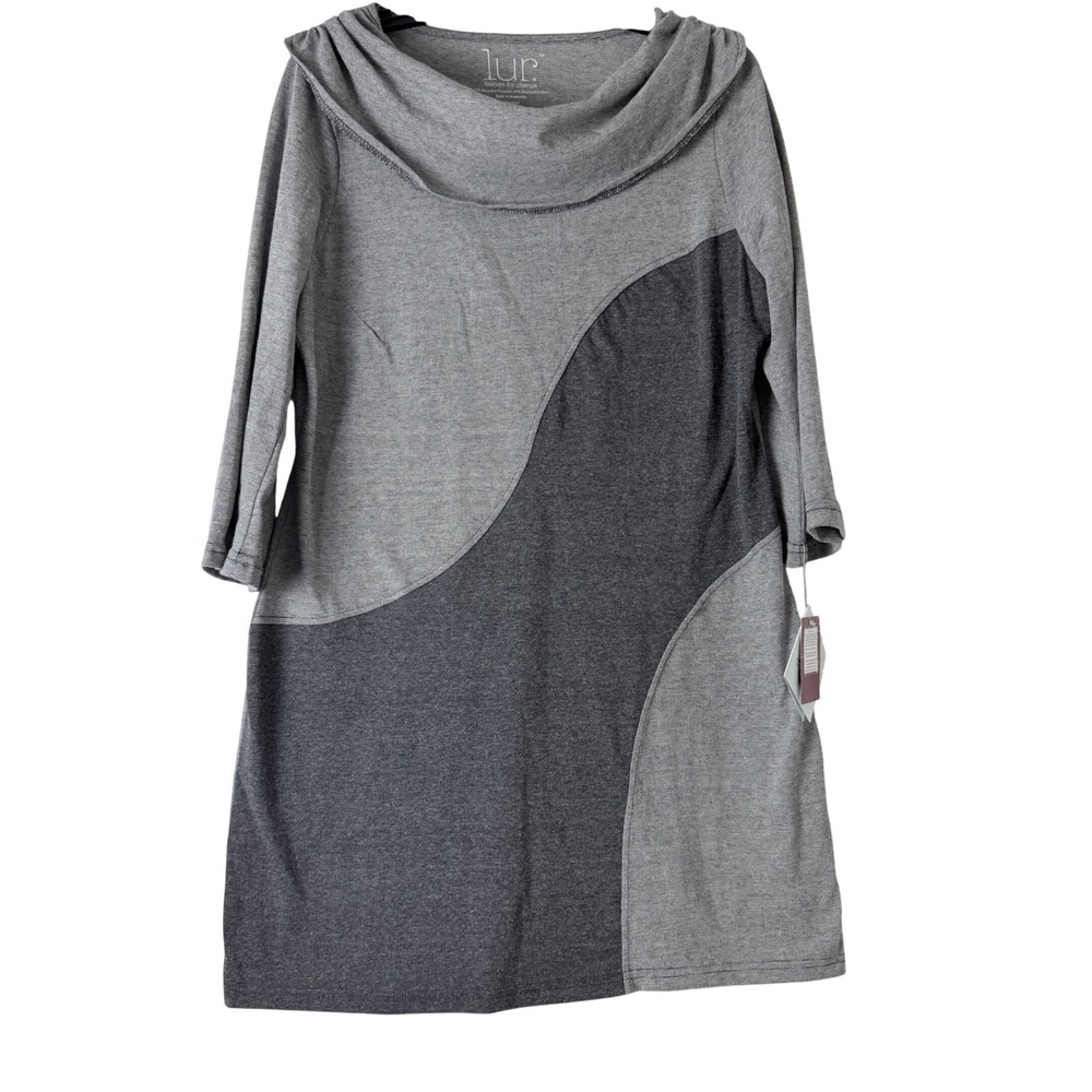 Lur. Tunic Dress Women Medium Gray Colorblock Cowl Neck 3/4 Sleeve Recycled Knit